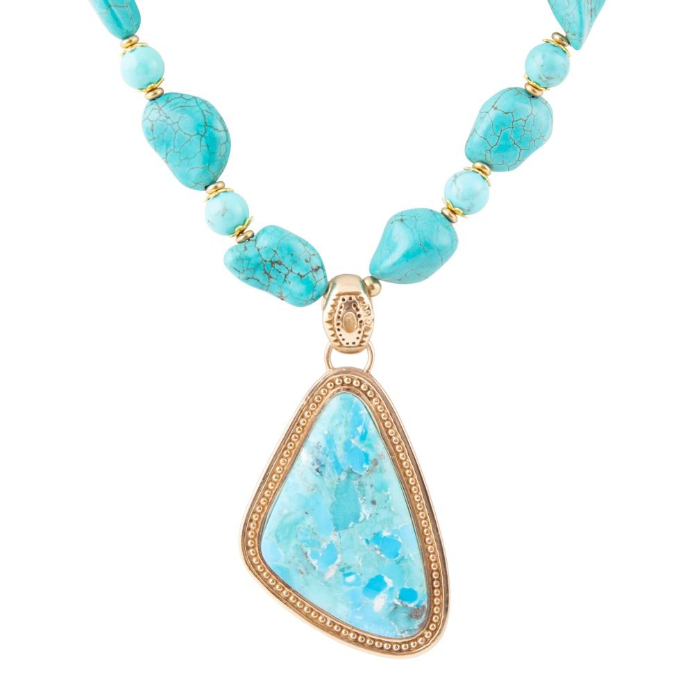 Blue Turquoise Triangle Golden Pendant Necklace Barse Jewelry