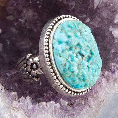 Carved Blue Turquoise and Sterling Silver Cocktail Ring Barse Jewelry