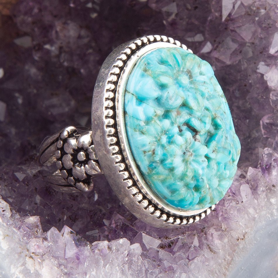 Carved Blue Turquoise and Sterling Silver Cocktail Ring Barse Jewelry