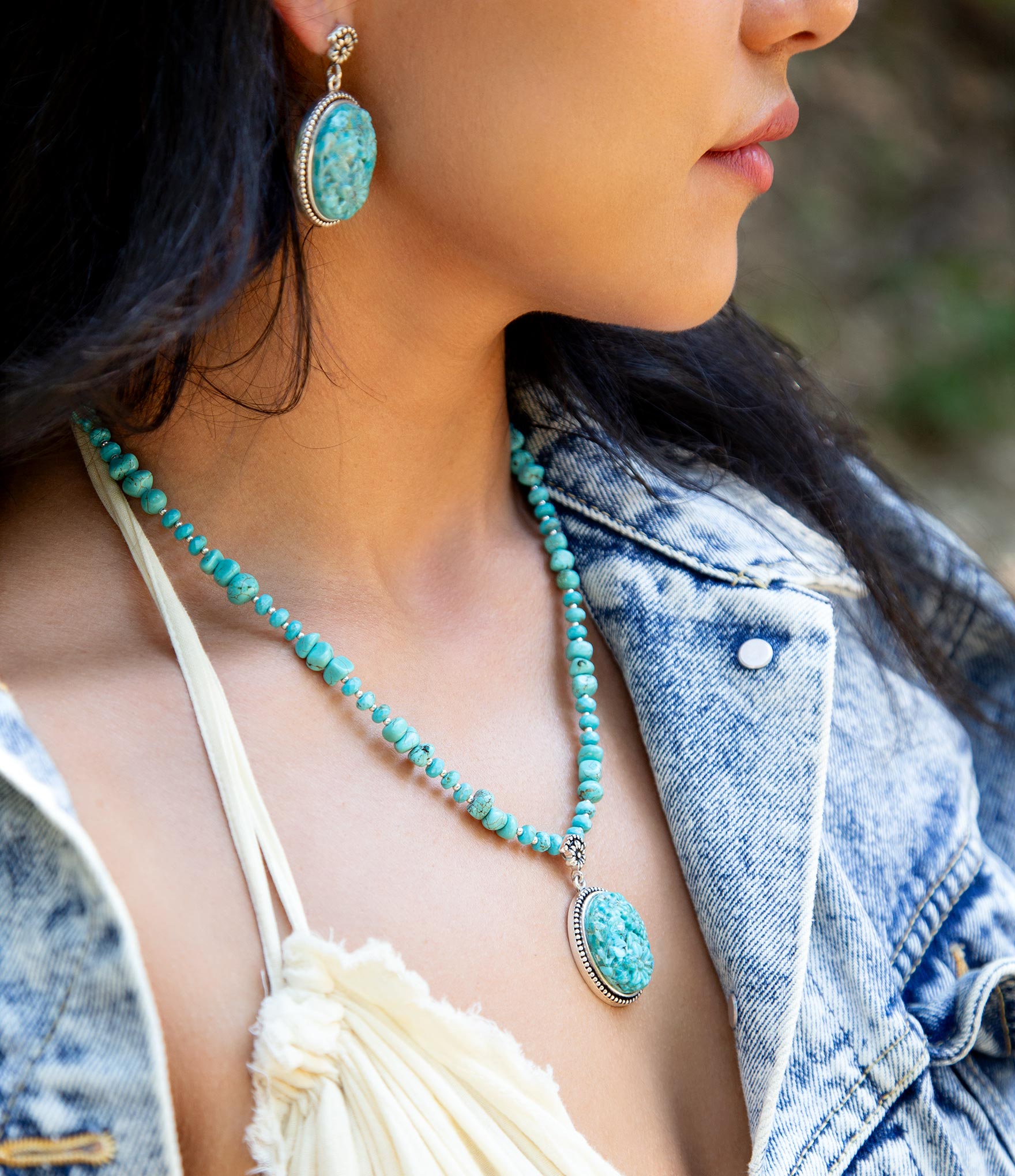 Carved Blue Turquoise and Sterling Silver Pendant Barse Jewelry