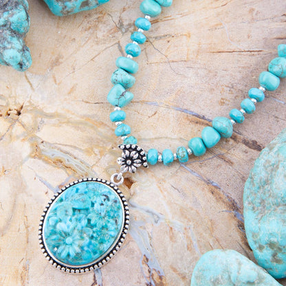 Carved Blue Turquoise and Sterling Silver Pendant Barse Jewelry
