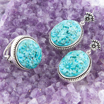 Carved Blue Turquoise Sterling Silver Drop Earrings Barse Jewelry