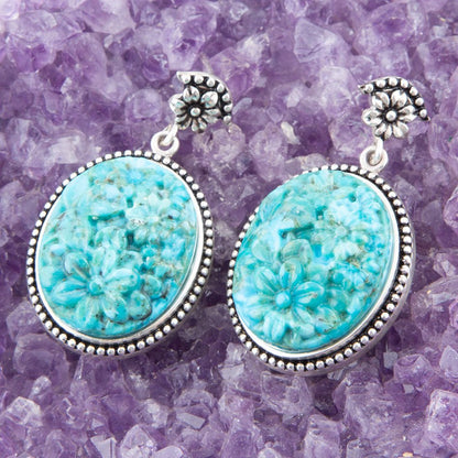 Carved Blue Turquoise Sterling Silver Drop Earrings Barse Jewelry
