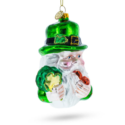 Irish Santa with Shamrock and Pipe Glass Christmas Ornament