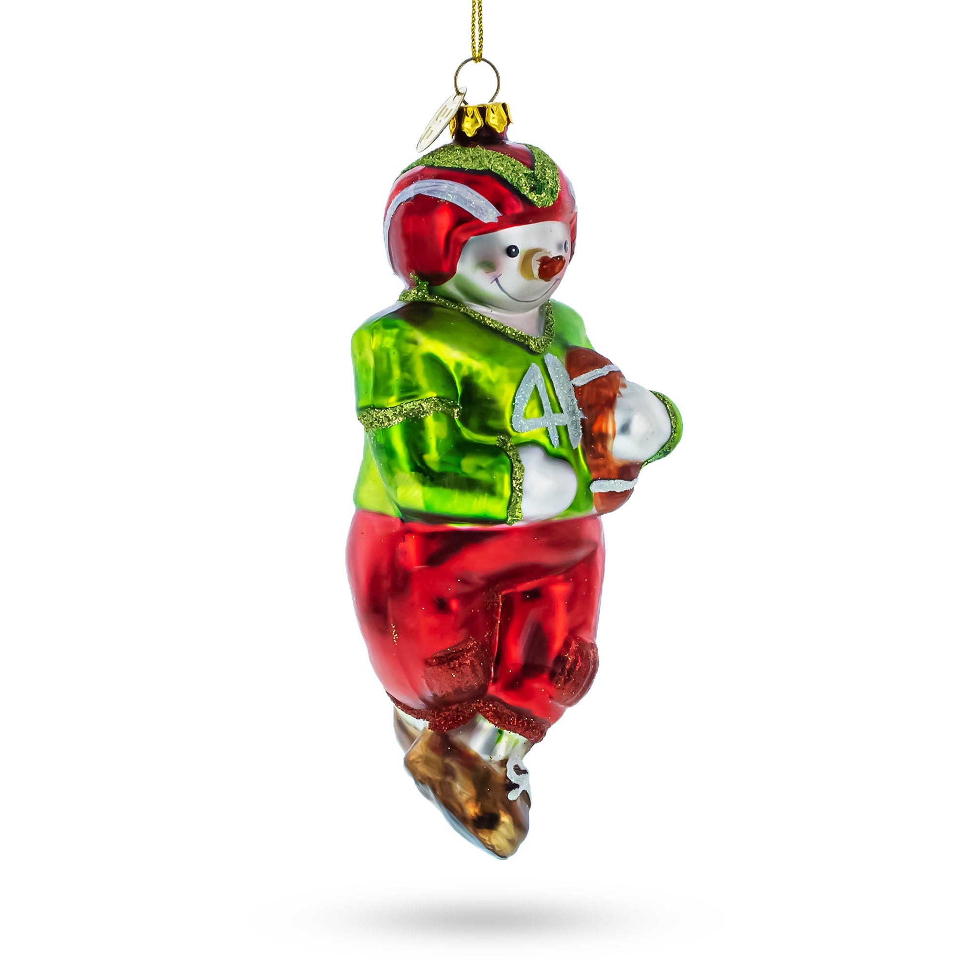 Snowman Playing Football Glass Christmas Ornament