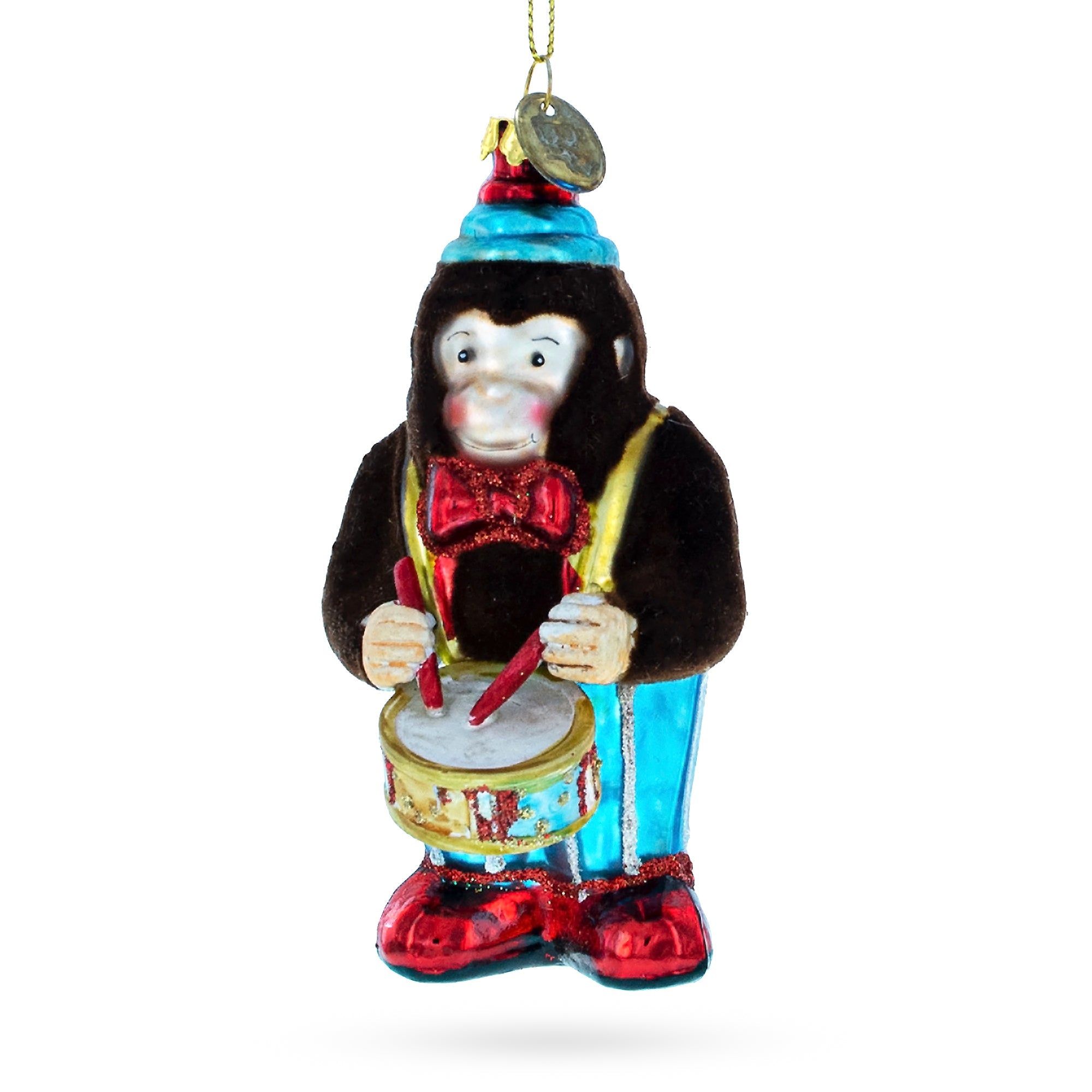 Fluffy Monkey Drumming Glass Christmas Ornament