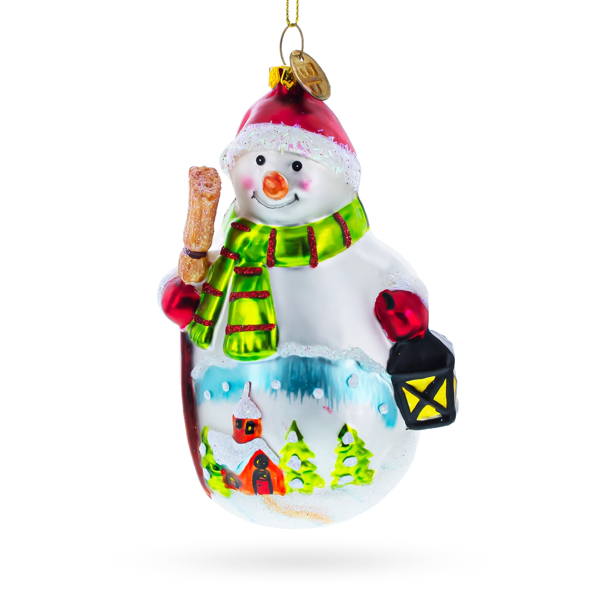 Snowman Holding Broom and Lantern Glass Christmas Ornament