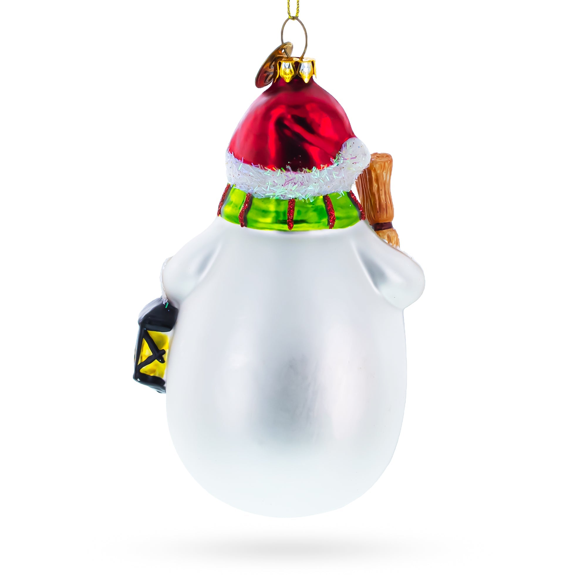 Snowman Holding Broom and Lantern Glass Christmas Ornament