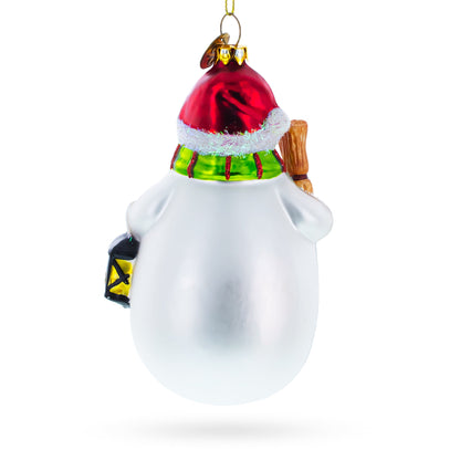 Snowman Holding Broom and Lantern Glass Christmas Ornament