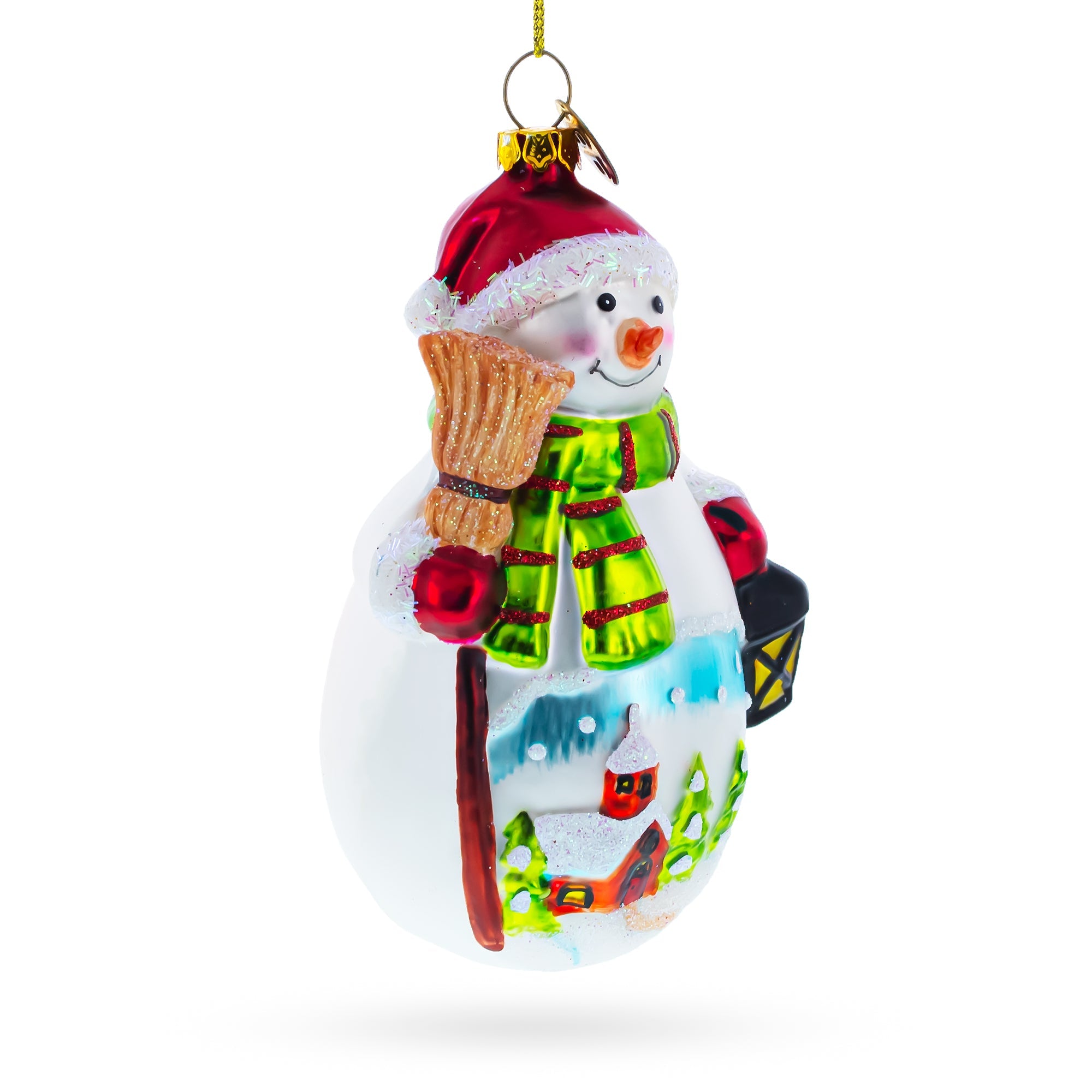 Snowman Holding Broom and Lantern Glass Christmas Ornament