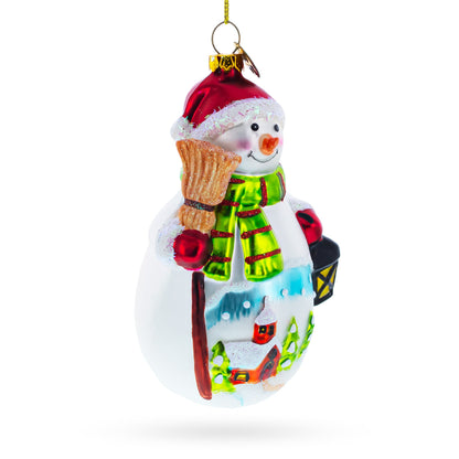 Snowman Holding Broom and Lantern Glass Christmas Ornament