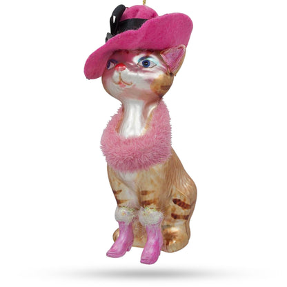 Lady Cat with Pink Hat Glass Christmas Ornament