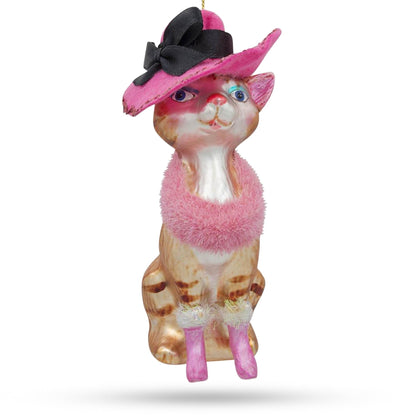 Lady Cat with Pink Hat Glass Christmas Ornament