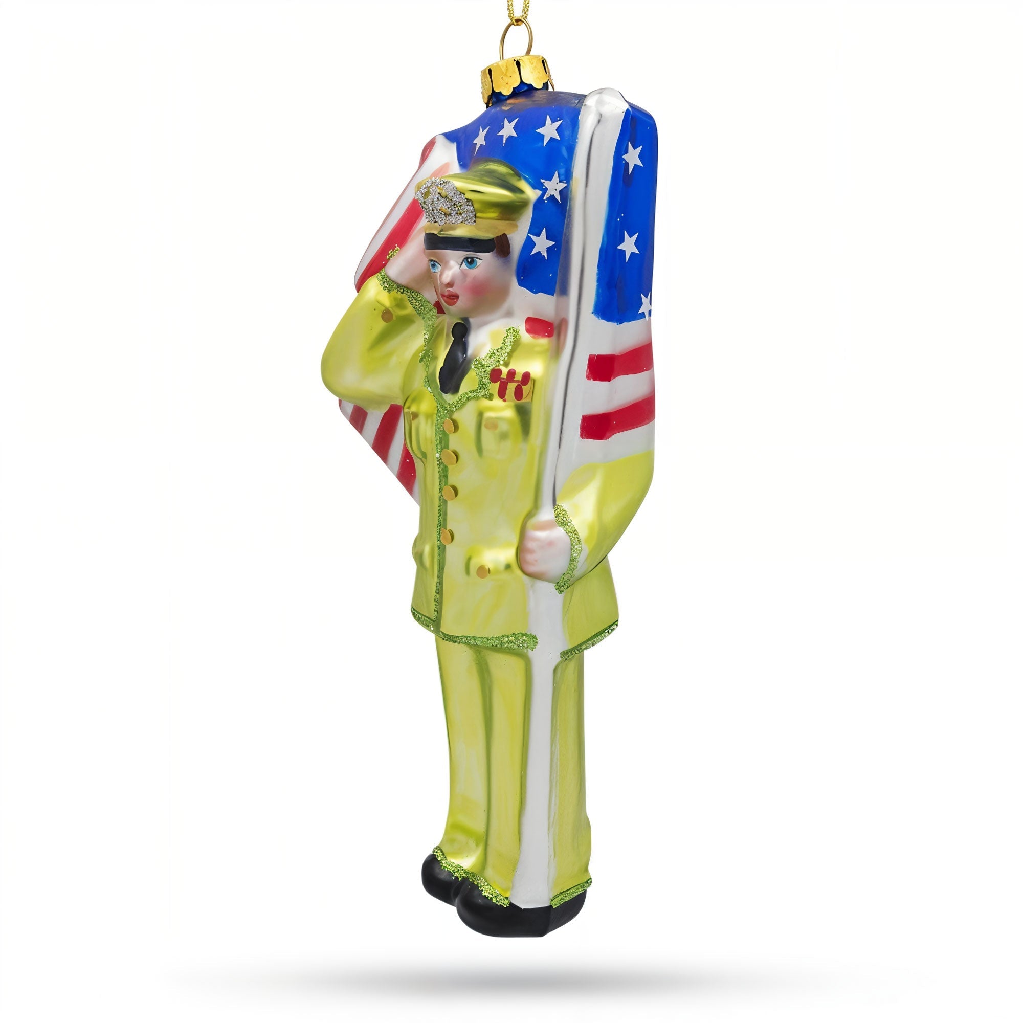 Patriotic Soldier with American Flag Glass Christmas Ornament
