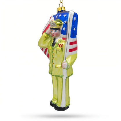 Patriotic Soldier with American Flag Glass Christmas Ornament
