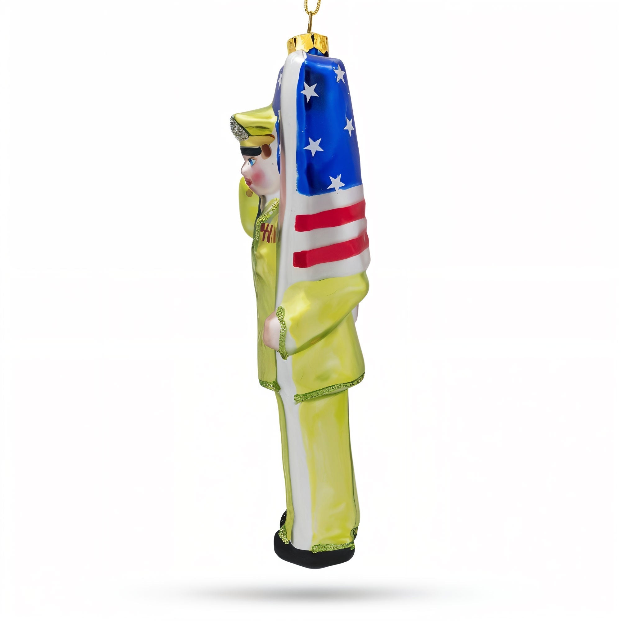 Patriotic Soldier with American Flag Glass Christmas Ornament