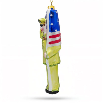 Patriotic Soldier with American Flag Glass Christmas Ornament
