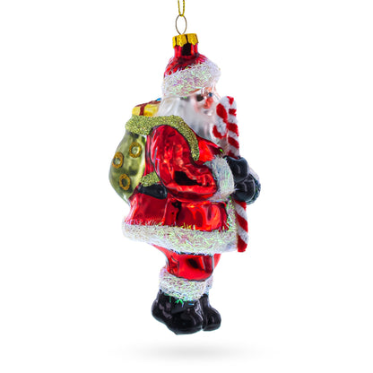 Classic Santa Holding a Candy Cane Glass Christmas Ornament