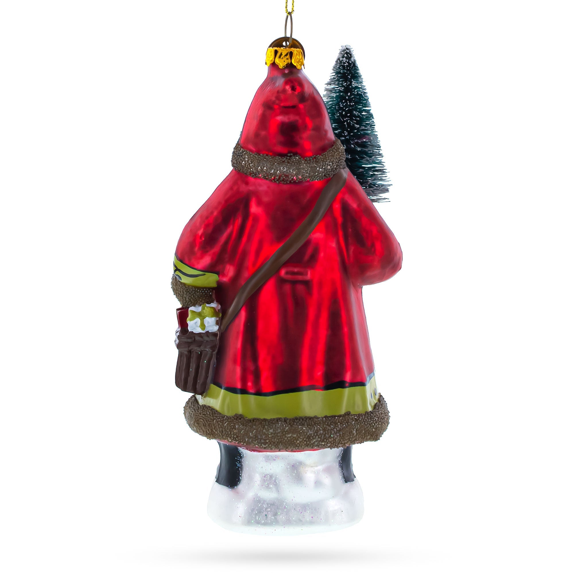 Santa with Fir Tree Glass Christmas Ornament