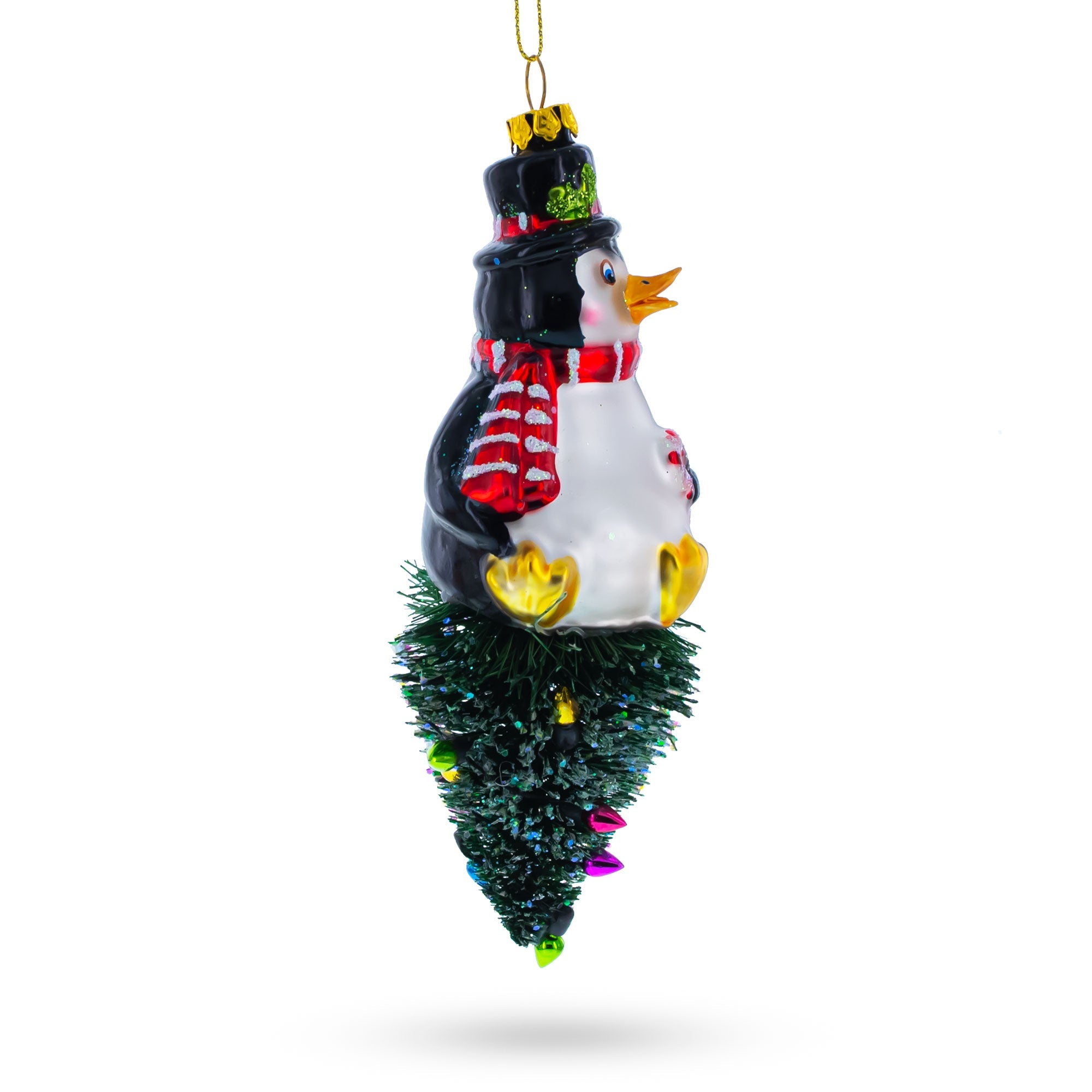 Penguin on Upside Down Tree Glass Christmas Ornament