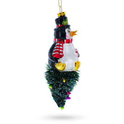 Penguin on Upside Down Tree Glass Christmas Ornament
