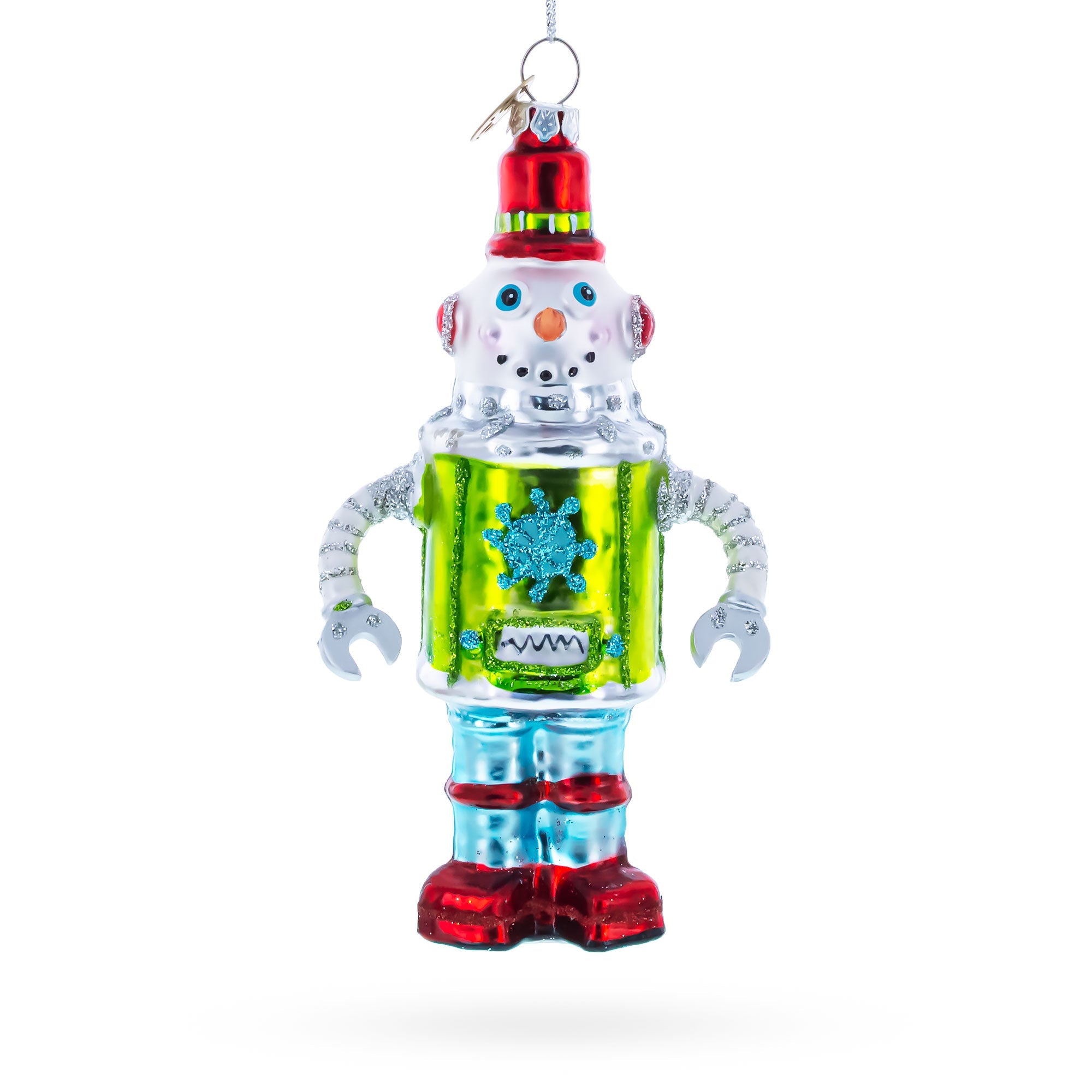 Retro Robot Snowman Glass Christmas Ornament