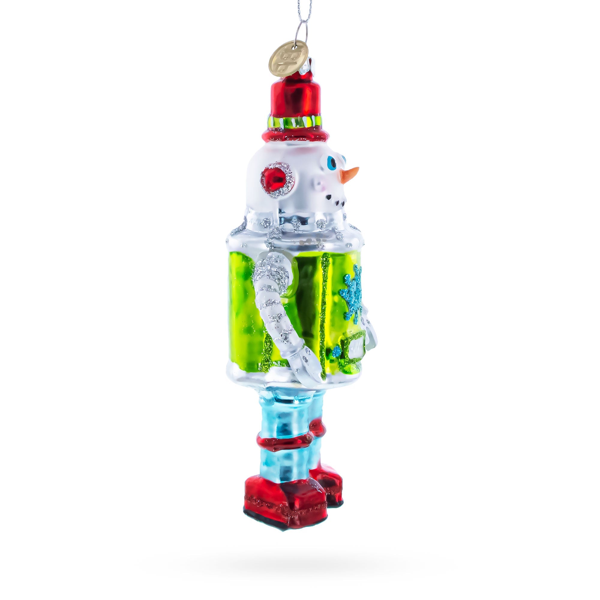 Retro Robot Snowman Glass Christmas Ornament