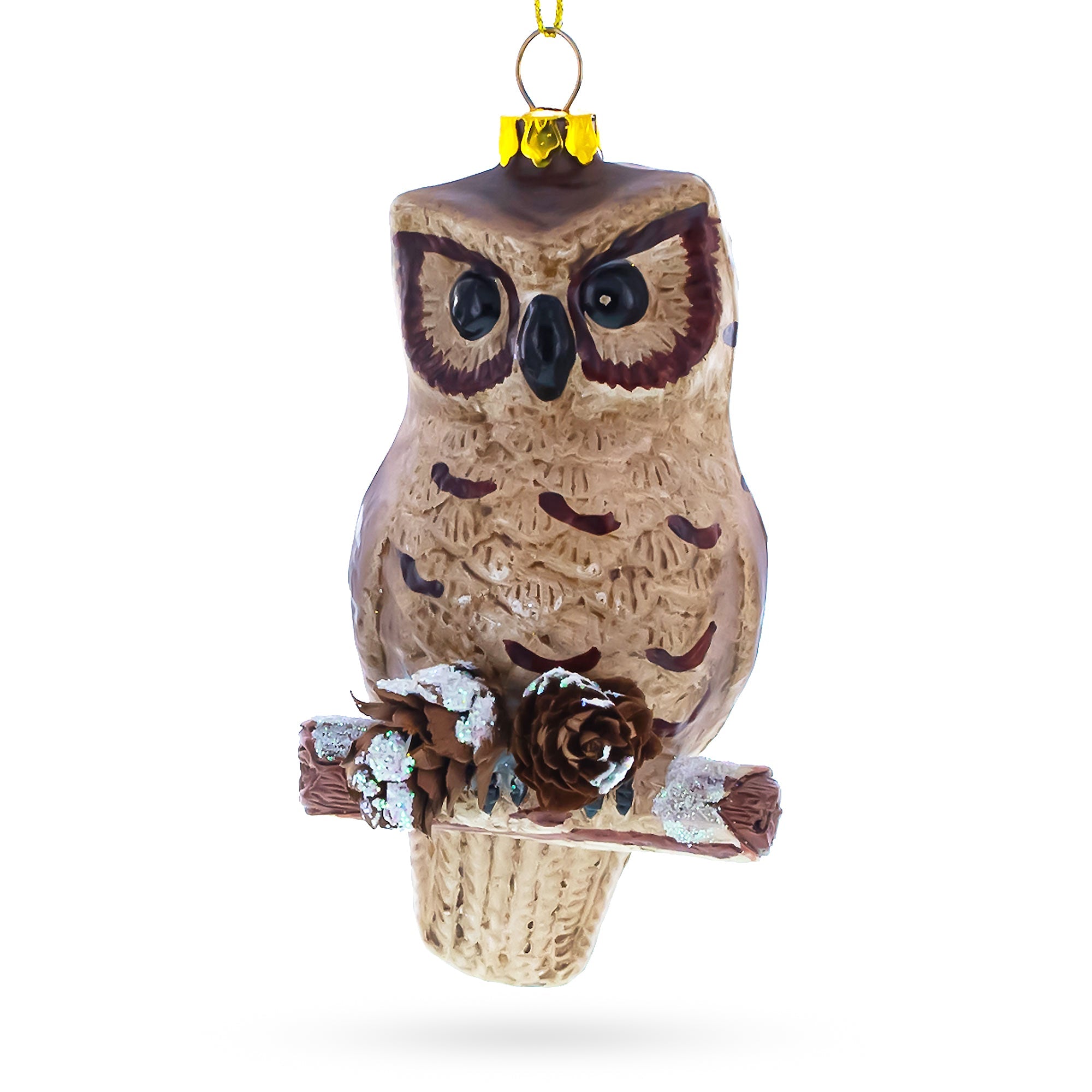 Wise Owl Perched on Branch Glass Christmas Ornament