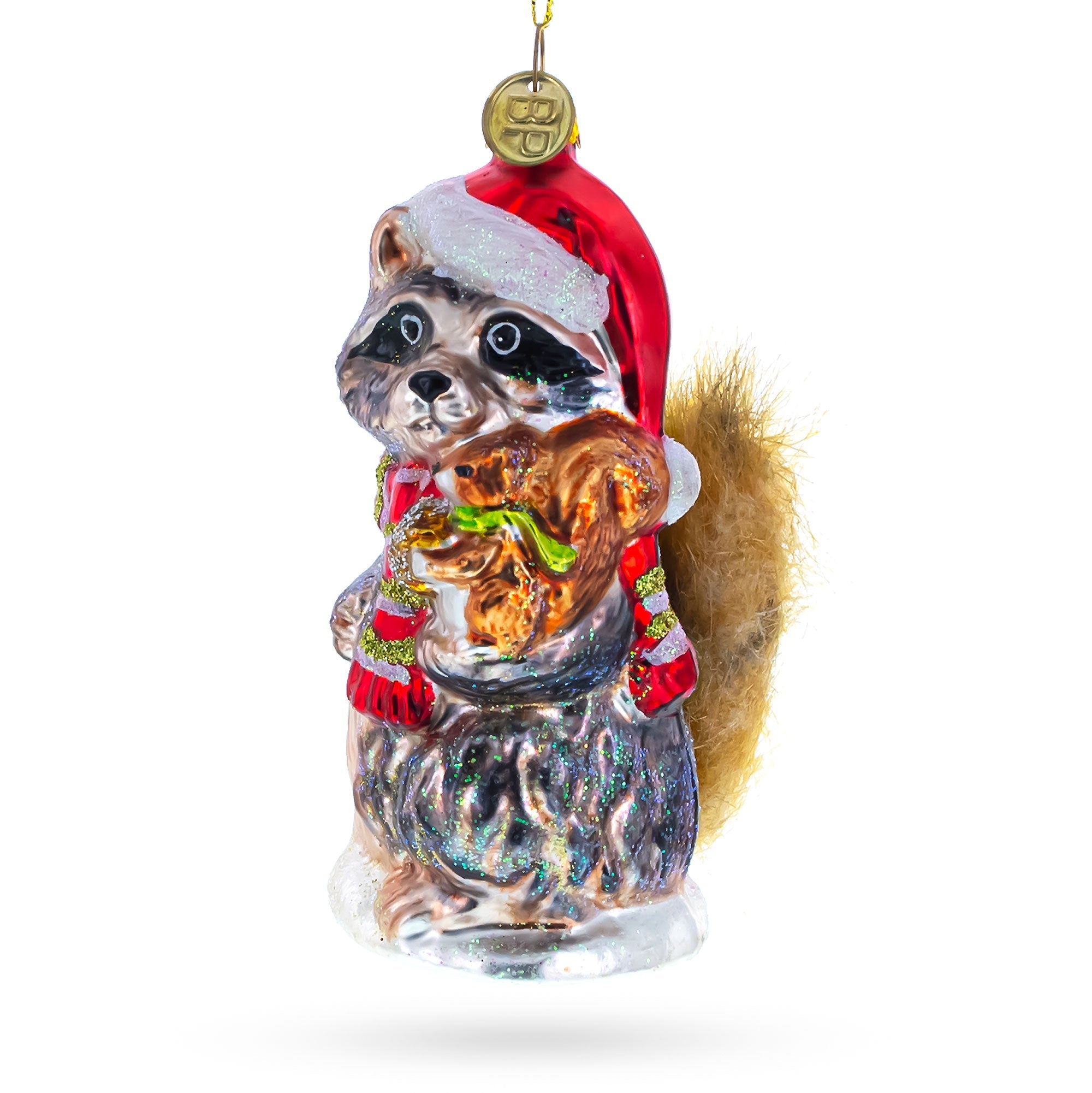 Raccoon Holding Squirrel Glass Christmas Ornament