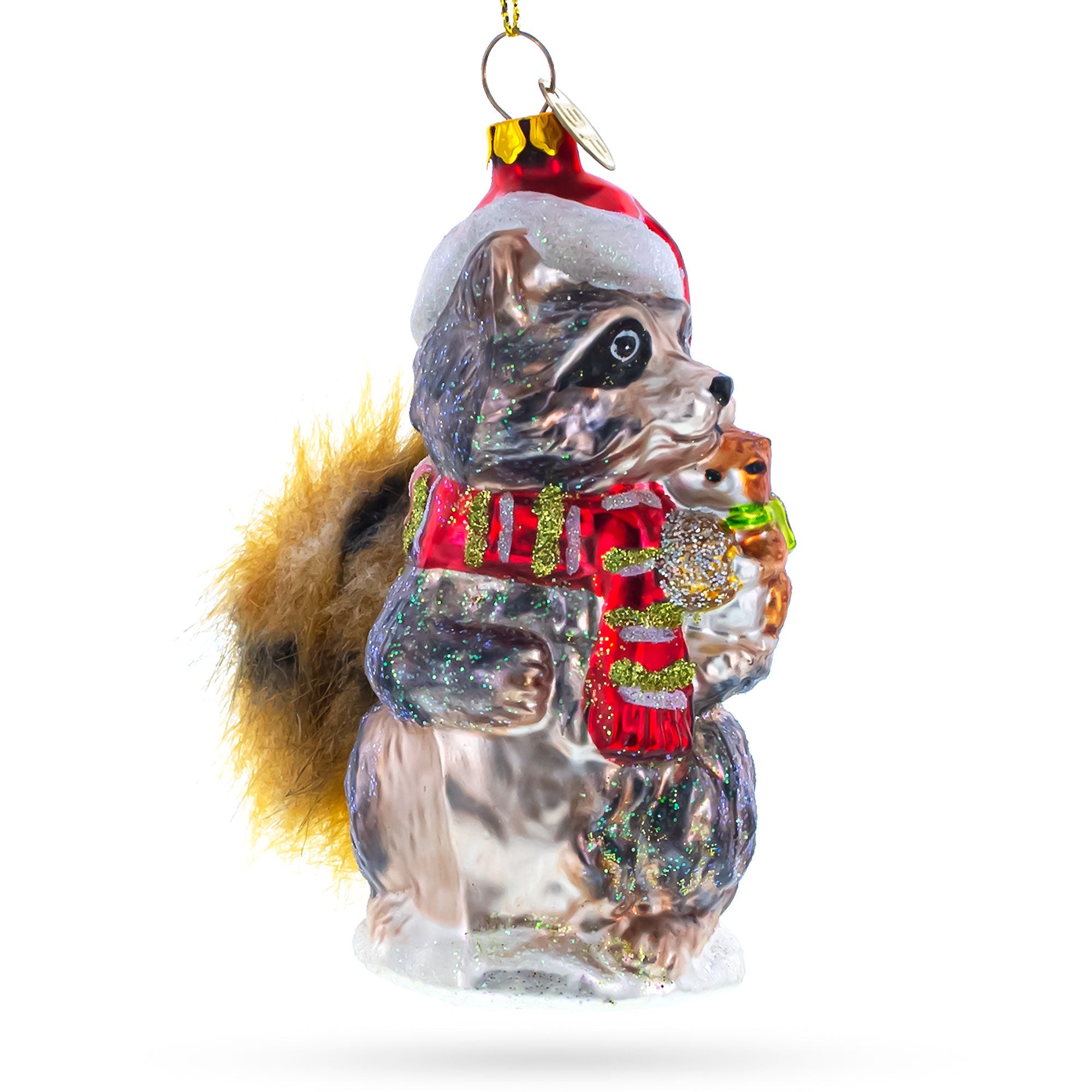 Raccoon Holding Squirrel Glass Christmas Ornament