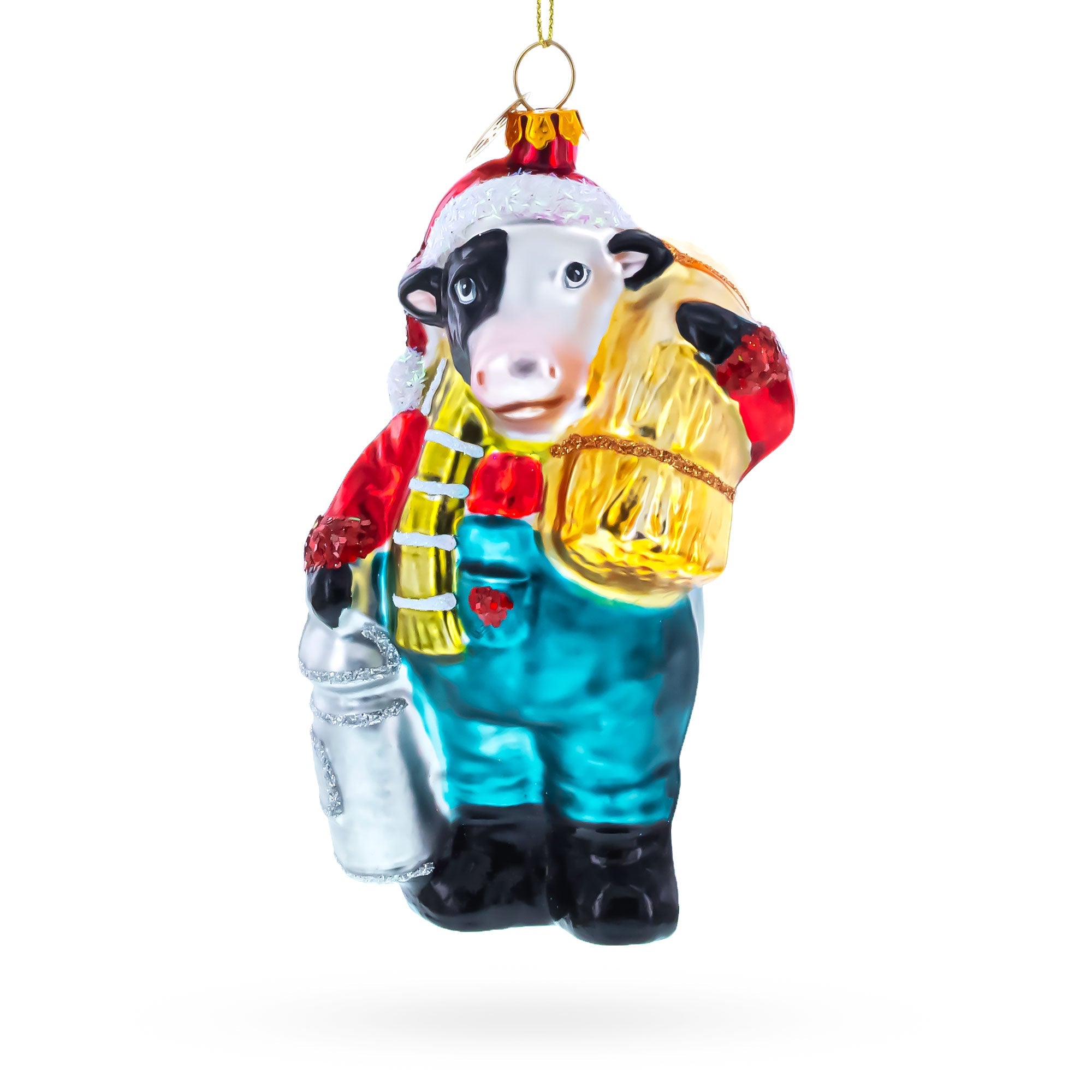 Cow Carrying Milk Jug Glass Christmas Ornament