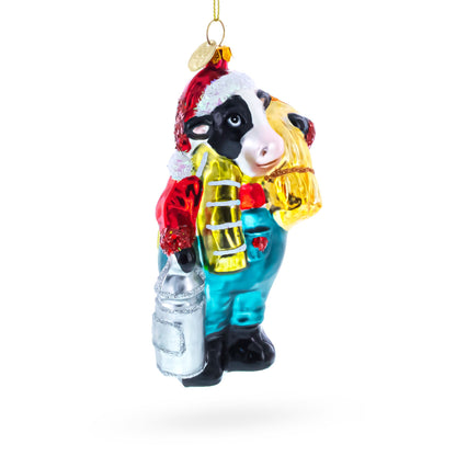 Cow Carrying Milk Jug Glass Christmas Ornament