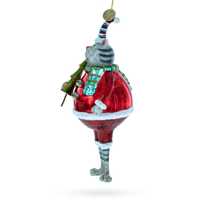 Cat in Fur Hat with Tree Glass Christmas Ornament