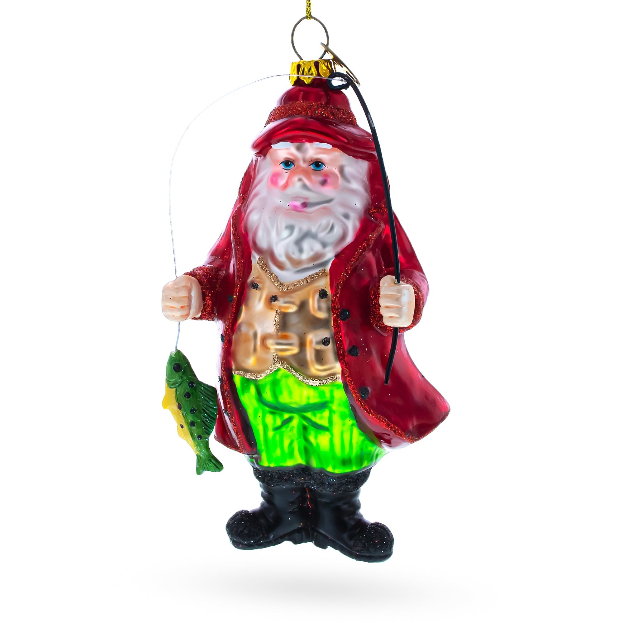Angler Santa with Catch of the Day Glass Christmas Ornament