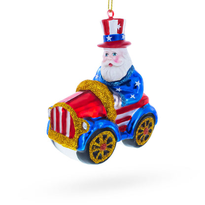 Uncle Sam Santa Driving a Car Glass Christmas Ornament BestPysanky