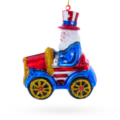 Uncle Sam Santa Driving a Car Glass Christmas Ornament BestPysanky