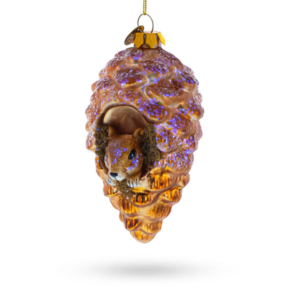 Squirrel Nestled in Pine Cone Glass Christmas Ornament