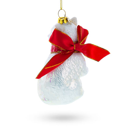 White Cat with Red Scarf Glass Christmas Ornament