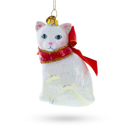 White Cat with Red Scarf Glass Christmas Ornament