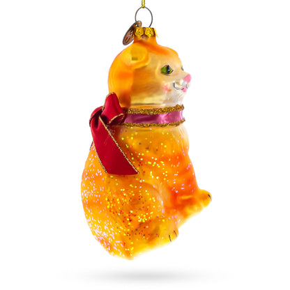 Glittered Orange Cat Glass Christmas Ornament