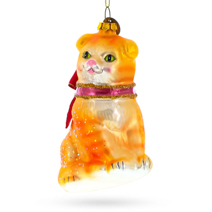 Glittered Orange Cat Glass Christmas Ornament