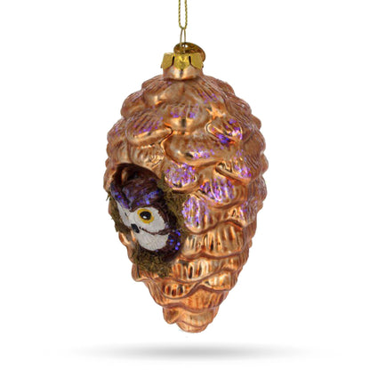 Wise Owl Nestled in Pine Cone Glass Christmas Ornament