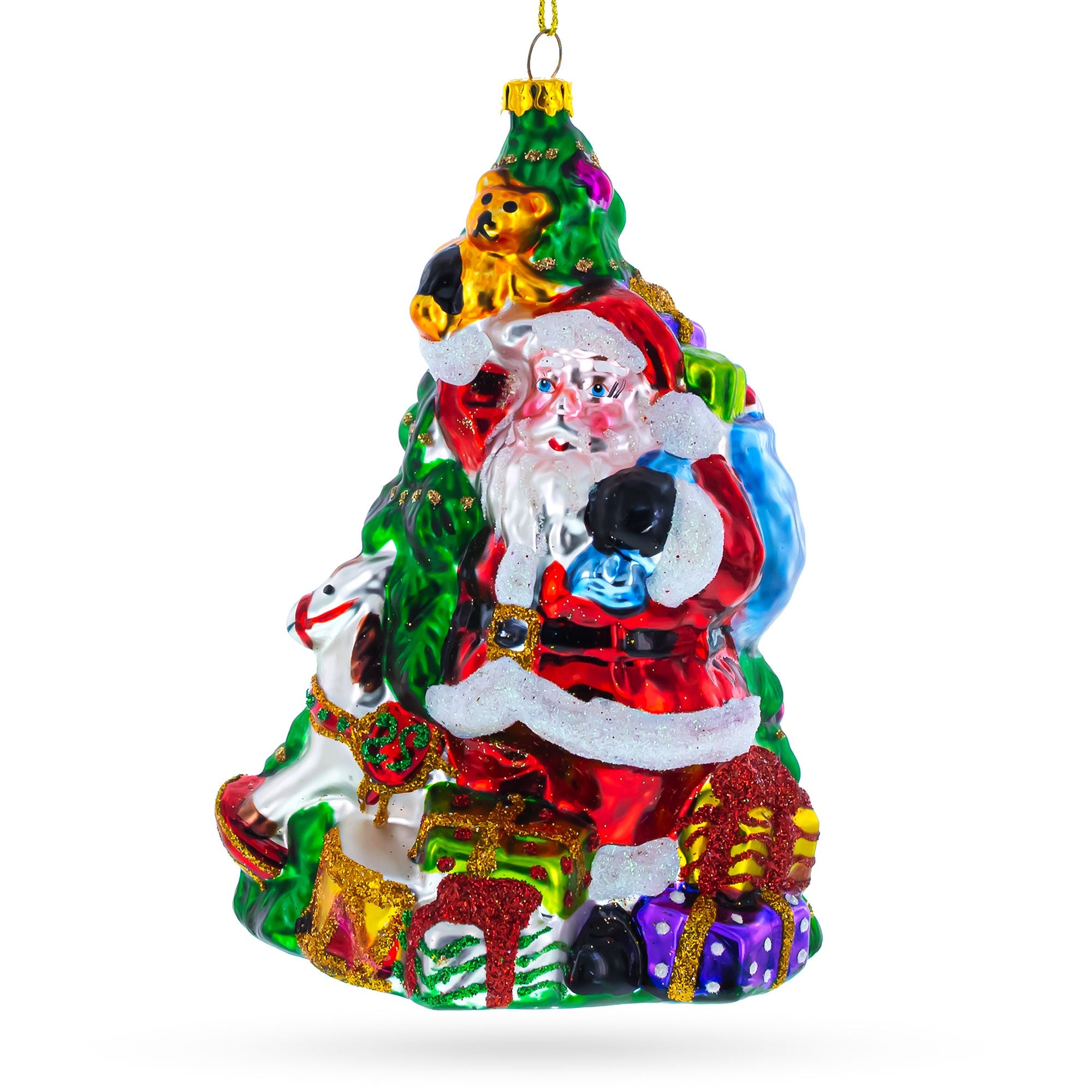 Santa with Christmas Tree and Gifts Glass Ornament