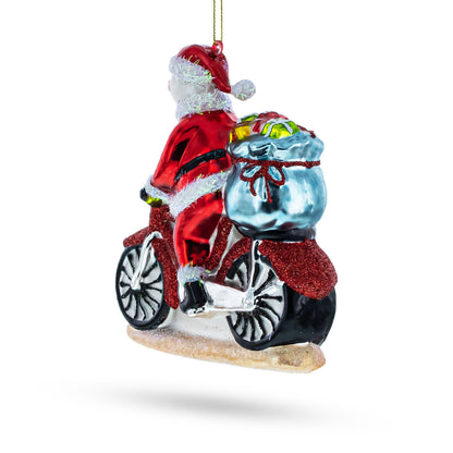 Snowman Biker on the Road Glass Christmas Ornament