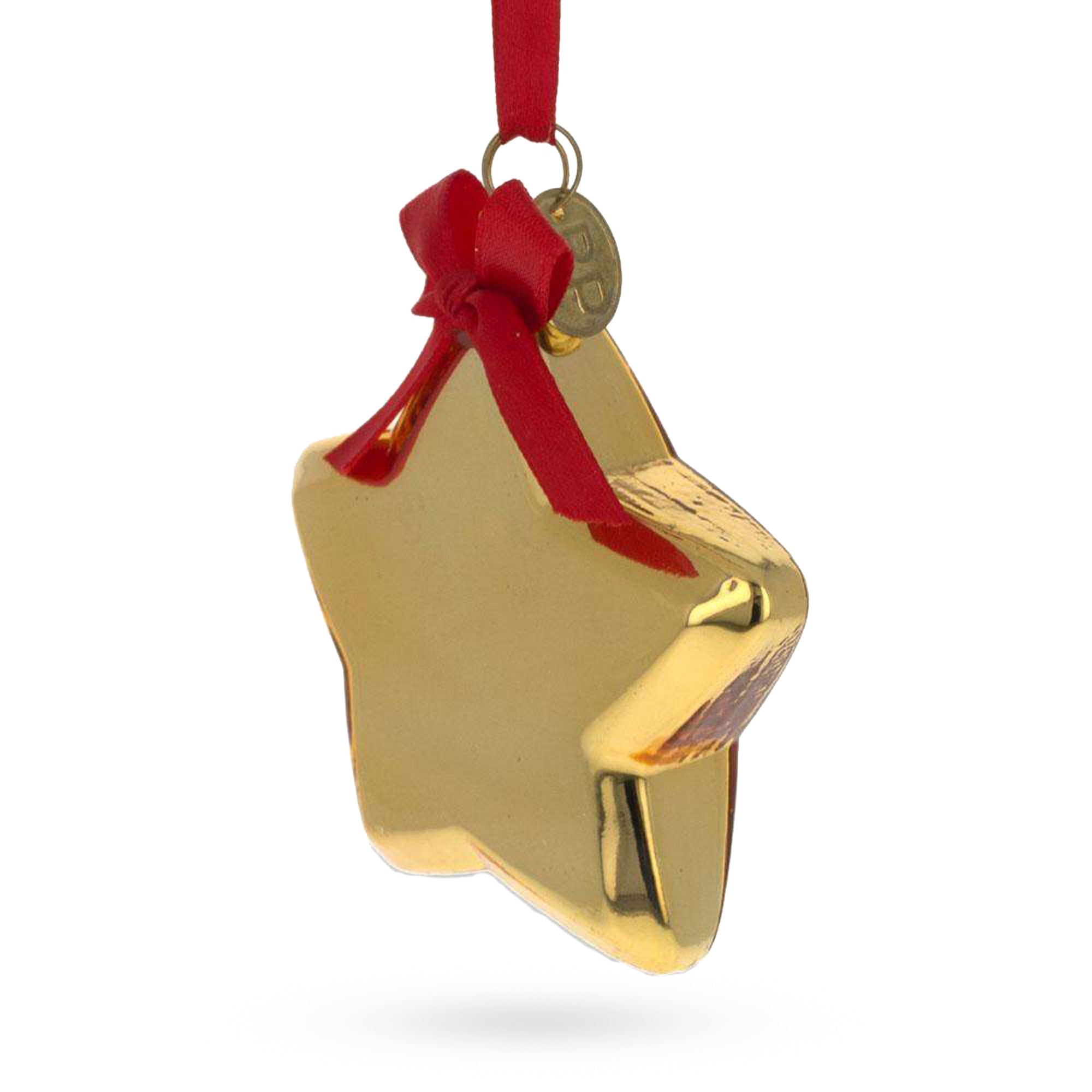Golden Star Adorned with Red Bow Glass Christmas Ornament