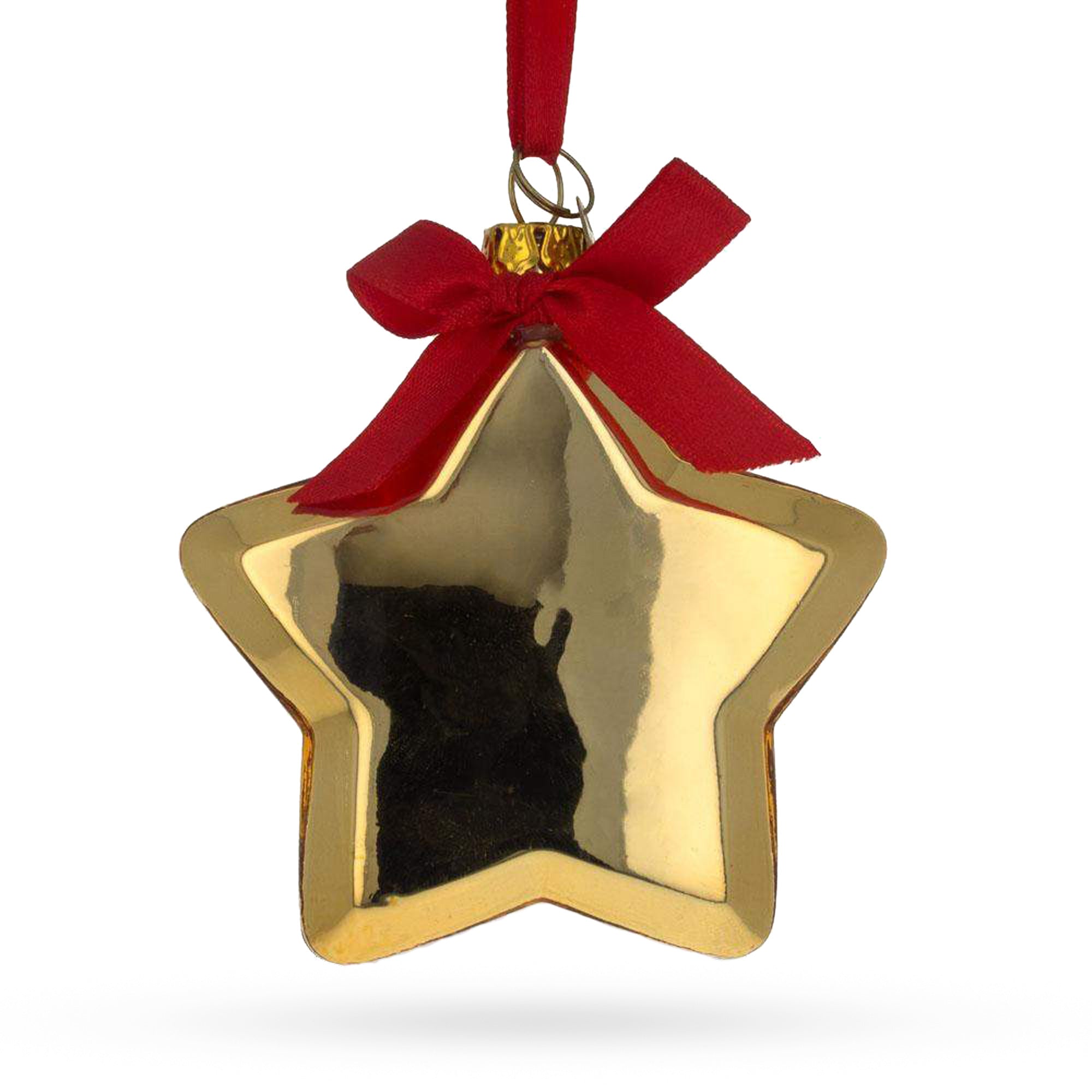 Golden Star Adorned with Red Bow Glass Christmas Ornament