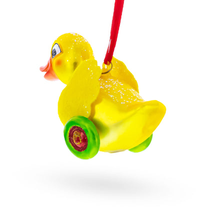 Yellow Duck Rolling on Wheels Glass Christmas Ornament BestPysanky