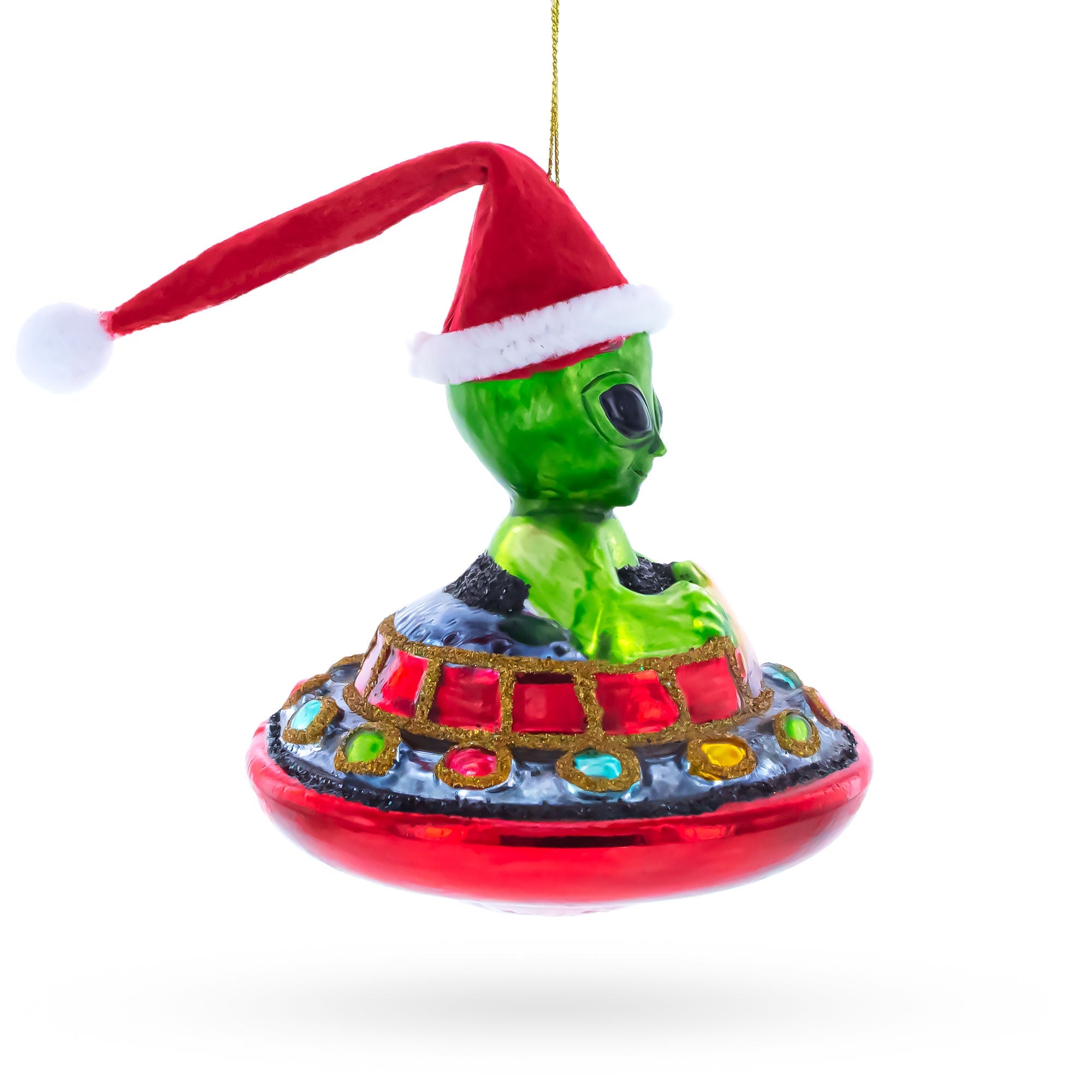 Santa Alien in UFO Glass Christmas Ornament