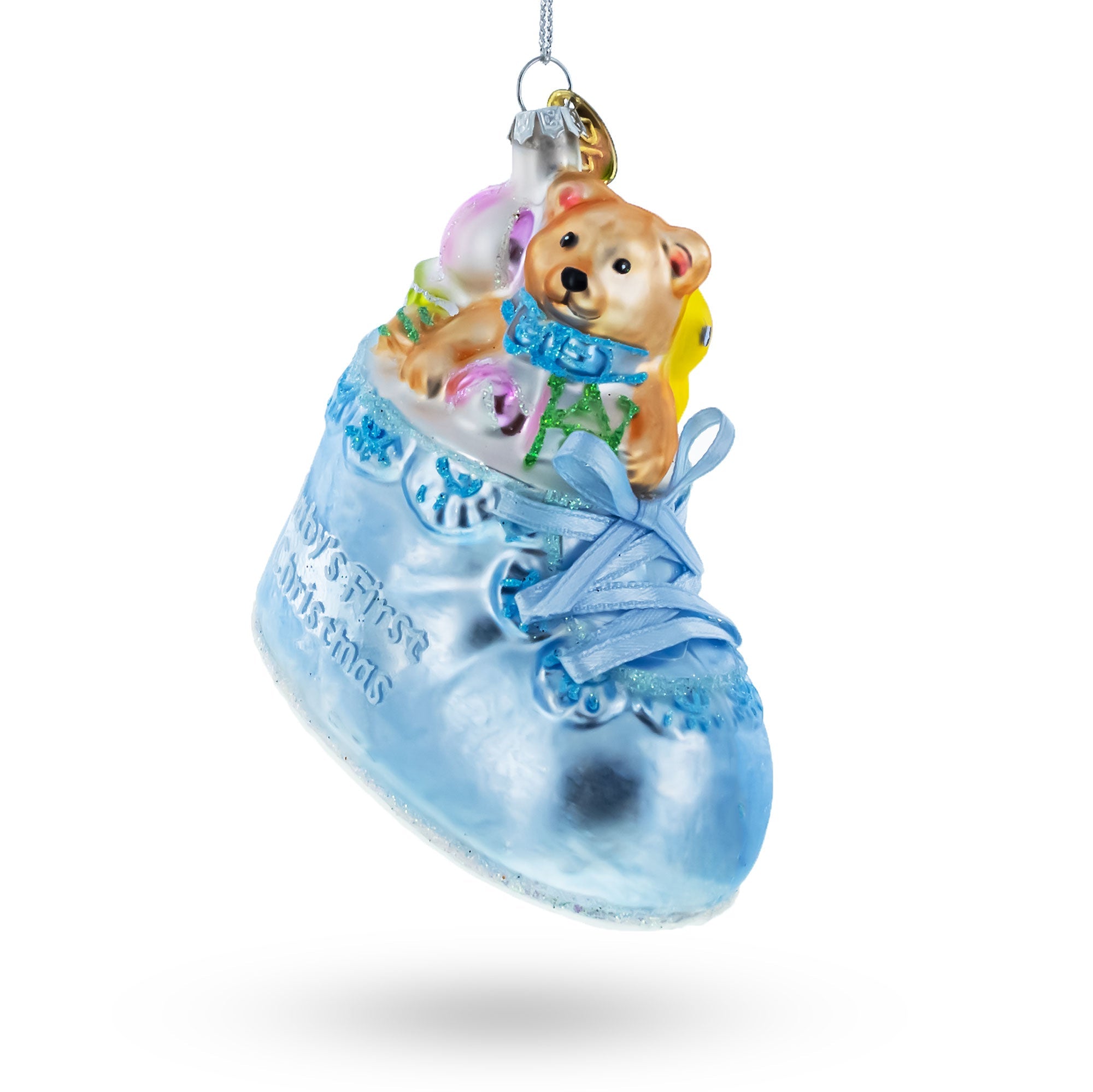 Teddy Bear Nestled in a Blue Shoe for Baby's First Glass Christmas Ornament