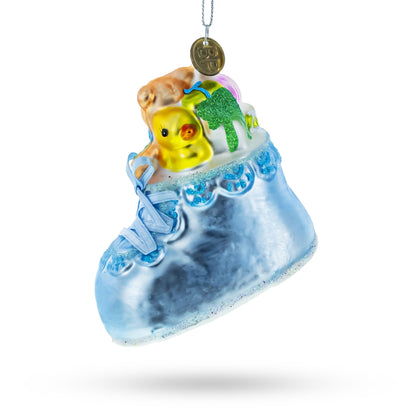 Teddy Bear Nestled in a Blue Shoe for Baby's First Glass Christmas Ornament